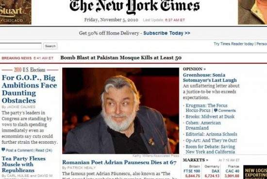 New York Times deplânge moartea poetului Adrian Păunescu