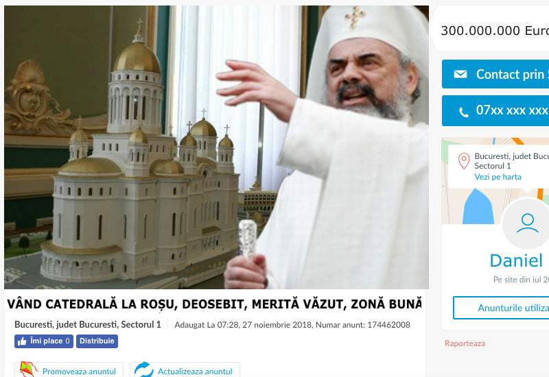 Patriarhul, tun imobiliar! Nici n-a terminat Catedrala şi deja a pus-o pe Olx