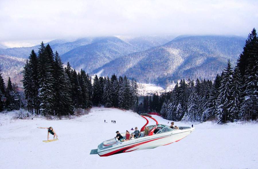 Sporturi extreme! Un român a distrus trei bărci pe pârtia Kalinderu încercând să facă schi nautic