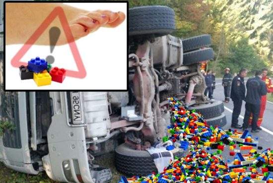 Camion cu LEGO, răsturnat într-un sat din Buzău: Jandarmeria împarte adidaşi locuitorilor afectaţi