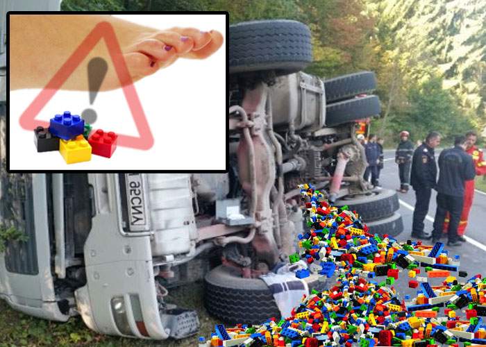 Camion cu LEGO, răsturnat într-un sat din Buzău: Jandarmeria împarte adidaşi locuitorilor afectaţi