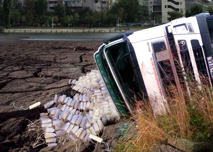 Dezastru! Lacul Plumbuita a secat după ce un camion cu tampoane s-a răsturnat în apă