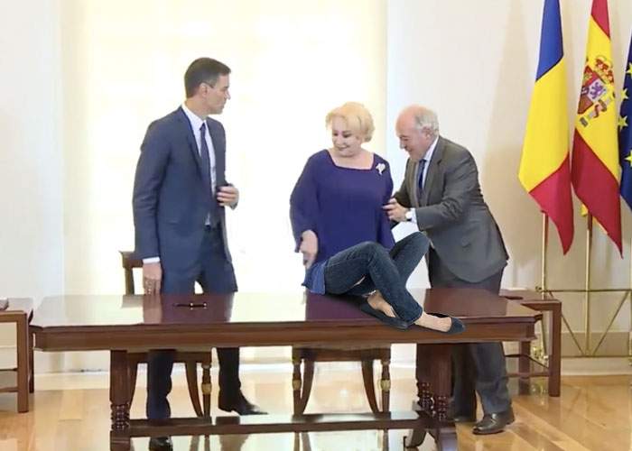 Încă o gafă a Vioricăi Dăncilă! De frică să nu se aşeze din nou pe scaunul greşit, s-a aşezat pe masă