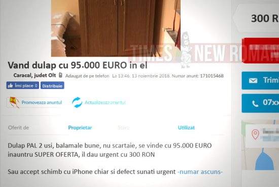 Disperat să vândă un dulap pe OLX, un caracalean a băgat 95.000 euro în el