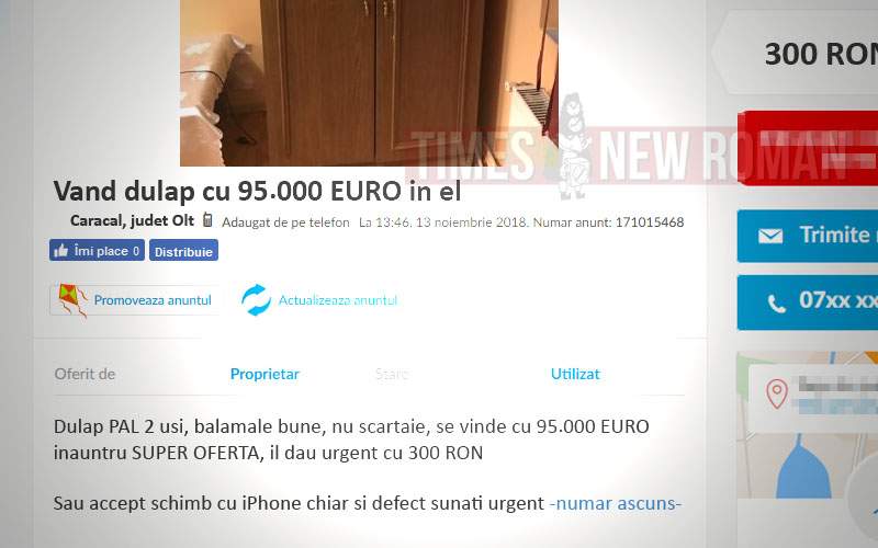 Disperat să vândă un dulap pe OLX, un caracalean a băgat 95.000 euro în el