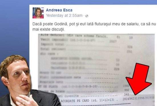 Inspirată de Godină, Esca și-a pus fluturașul de salariu pe Facebook. Invidios, Zuckerberg i-a șters postarea