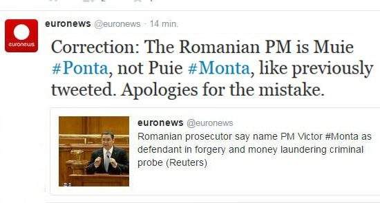 Euronews își cere scuze pentru gafa cu Monta: ”Am greșit! Corect e M*ie Ponta, nu Puie Monta!”