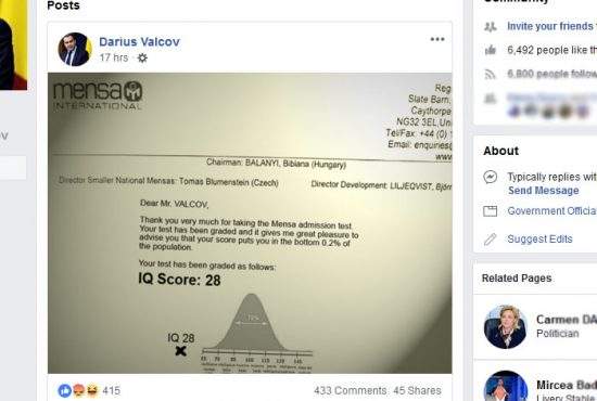 Ca să justifice publicarea fișei medicale, Darius Vâlcov a postat pe Facebook și fișa cu IQ-ul personal: are 28