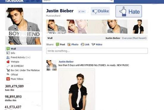 Facebook a introdus opţiunile „Dislike” şi „Hate” pentru pagina lui Justin Bieber