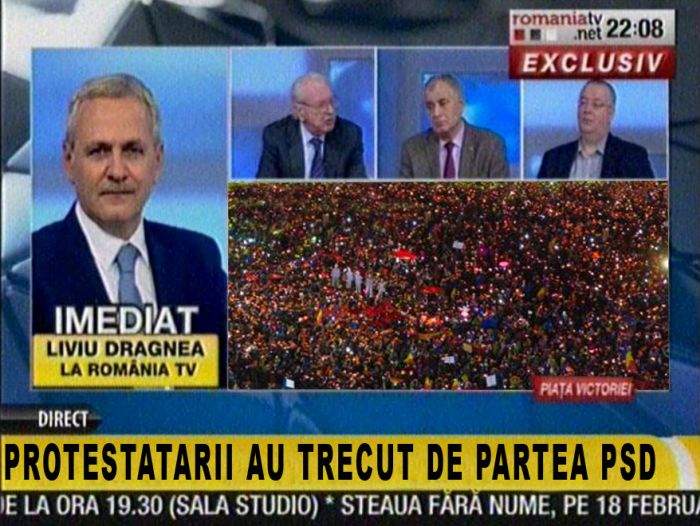 Manipulare! RTV a dat doar roșul din tricolor și a anunțat că protestatarii au trecut de partea PSD