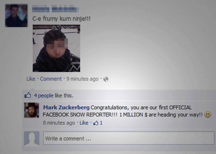 Concurs Facebook! Cine pune primul selfie cu fulgi de zăpadă primeşte 1 milion de dolari