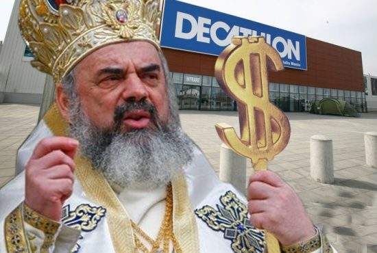 Patriarhul a făcut azi 6 milioane de Euro, sfinţind ghiozdane în faţă la Decathlon