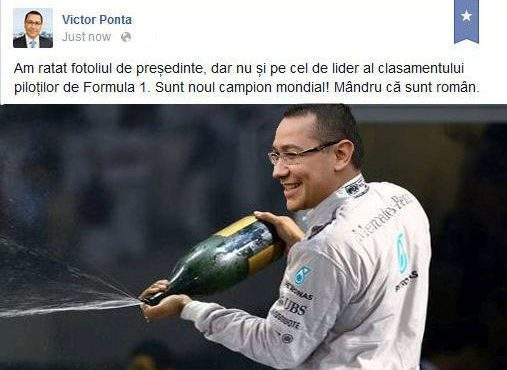Foto! Victor Ponta se laudă pe Facebook că a câștigat cursa de Formula 1 din Abu Dhabi