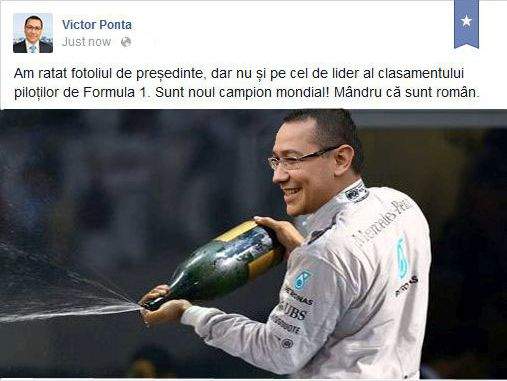 Foto! Victor Ponta se laudă pe Facebook că a câștigat cursa de Formula 1 din Abu Dhabi