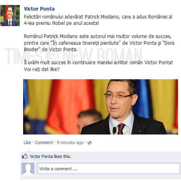 Poza zilei! Victor Ponta îl felicită pe Facebook pe laureatul Nobelului pentru literatură