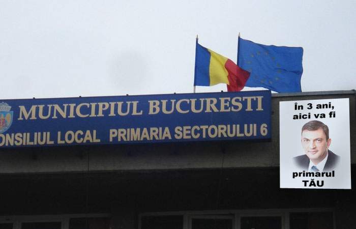 Afiș dătător de speranțe în fața Primăriei sector 6: ”În 3 ani primarul Rareș Mănescu va fi aici!”