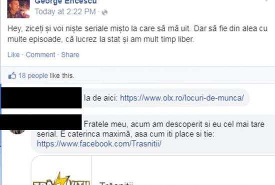 Cruzime! Un român a cerut pe Facebook o recomandare de serial și a primit link spre un job