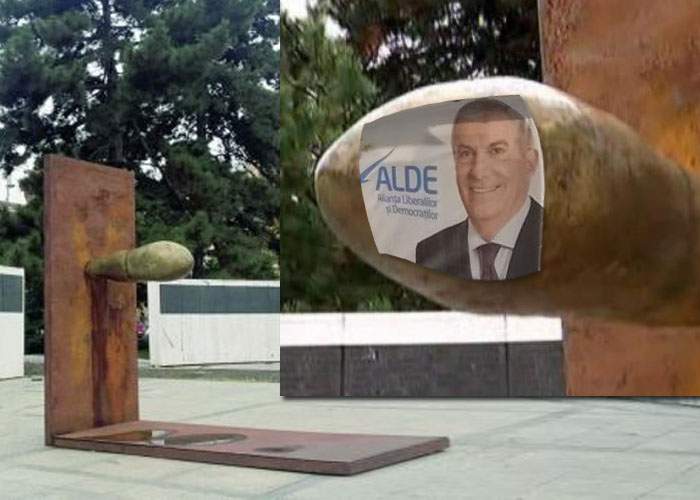 Odios! Statuia în formă de penis, vandalizată: cineva a lipit pe ea un afiş scârbos cu Tăriceanu