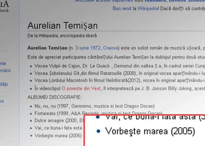 Aurelian Temişan, umilinţă maximă! În discografia lui de pe Wikipedia apare un album Cătălin Crişan