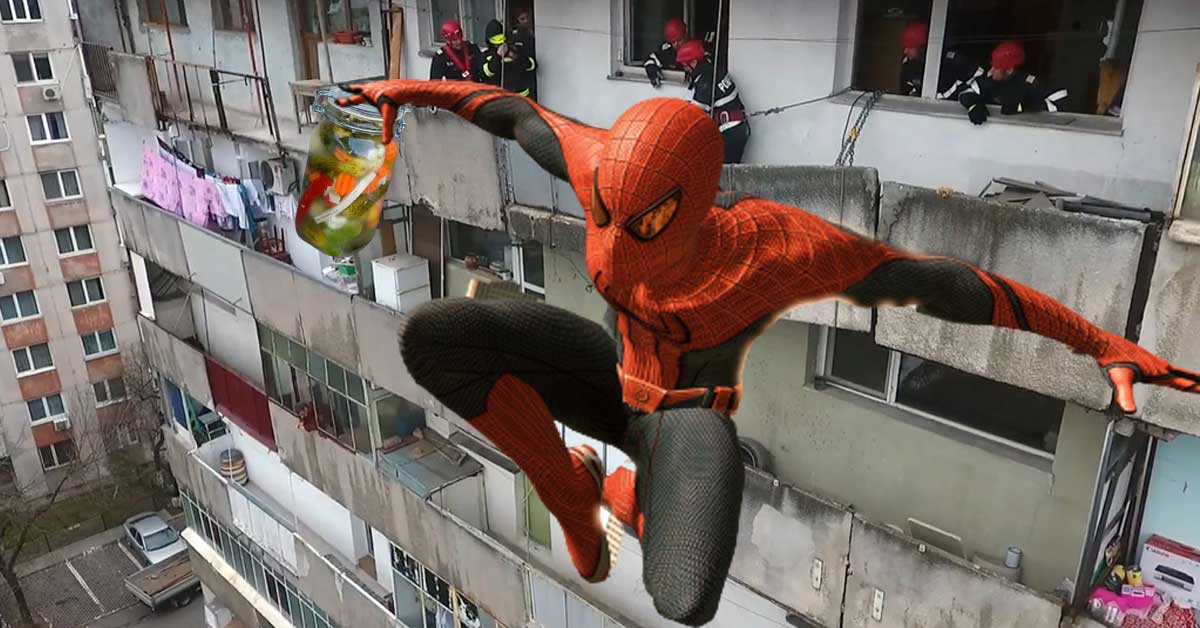 Inspirat de Spiderman, un român a furat murături dintr-un balcon de la etajul 7