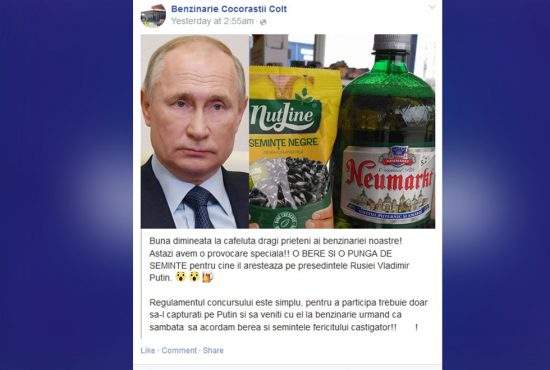 Benzinăria Cocorăștii Colț dă pentru capturarea lui Putin un pet de bere și o pungă de semințe