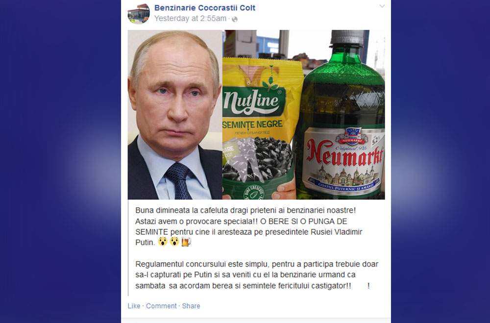 Benzinăria Cocorăștii Colț dă pentru capturarea lui Putin un pet de bere și o pungă de semințe