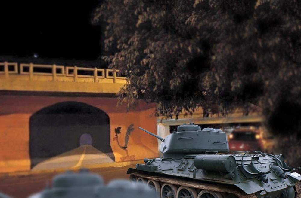 Coloană de tancuri ruseşti, distrusă după ce s-a izbit de un tunel pictat pe un zid
