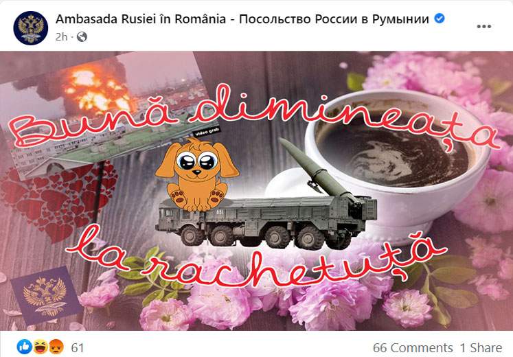 Ambasada Rusiei, mesaj sfidător pe Facebook: „Bună dimineața la rachetuță“