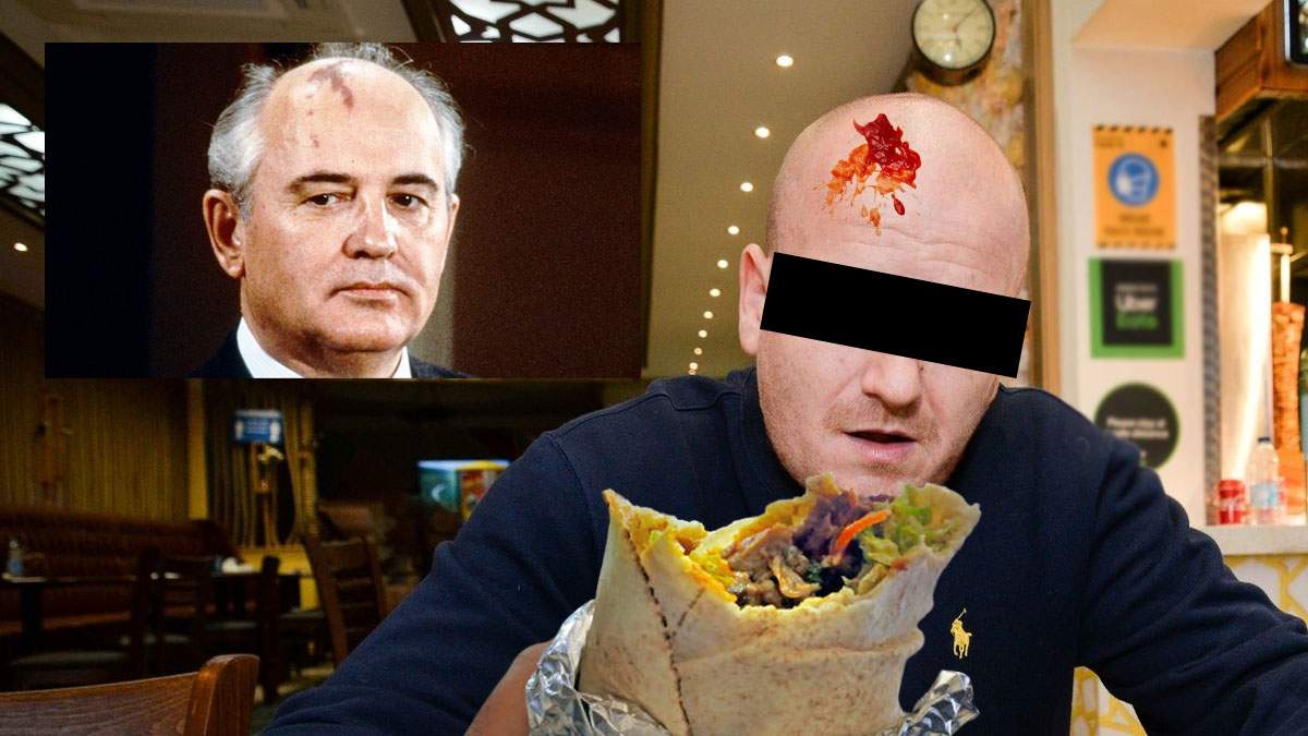 Omagiu pentru Gorbaciov. Un român s-a stropit pe chelie cu ketchup din șaorma