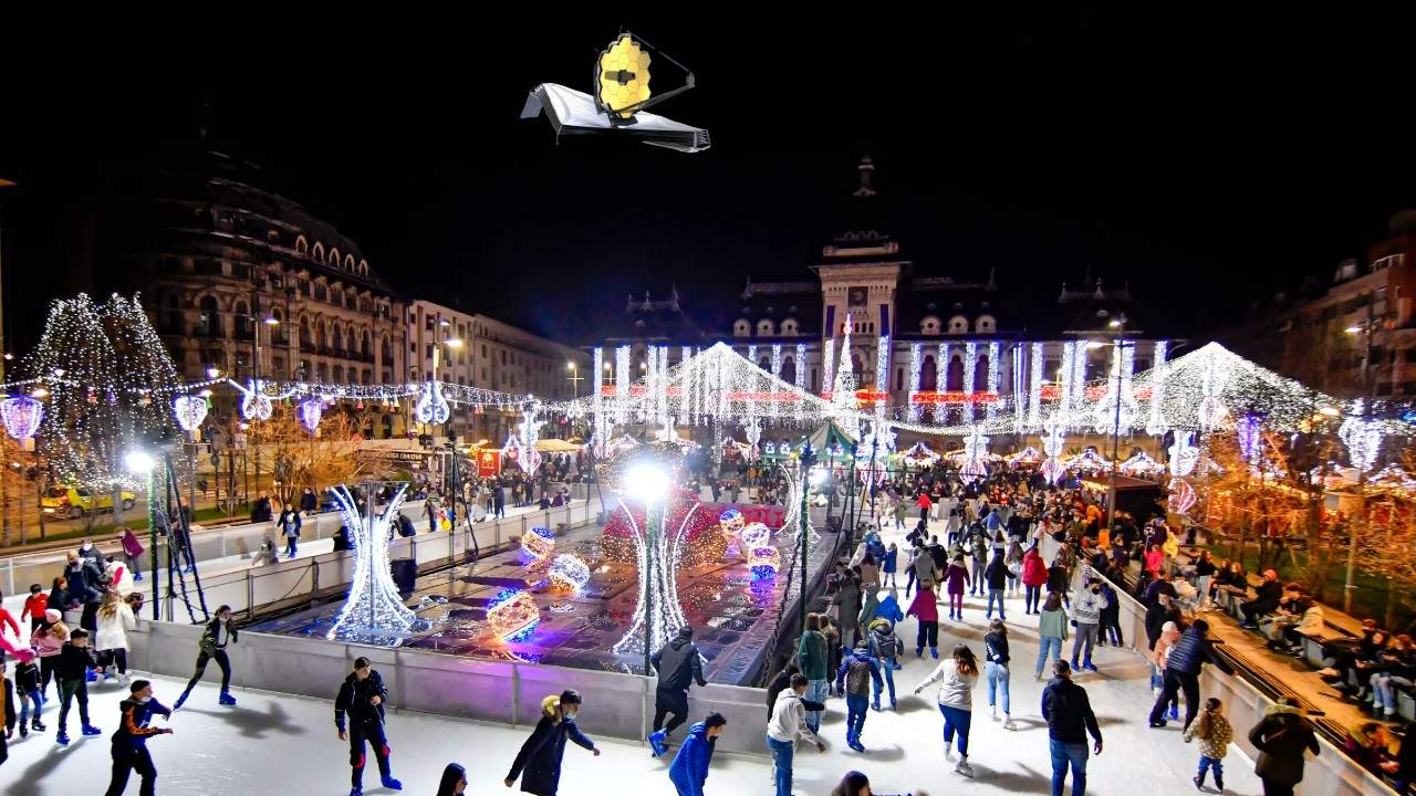 Telescopul James Webb, orbit de luminile de la târgul de Crăciun din Craiova