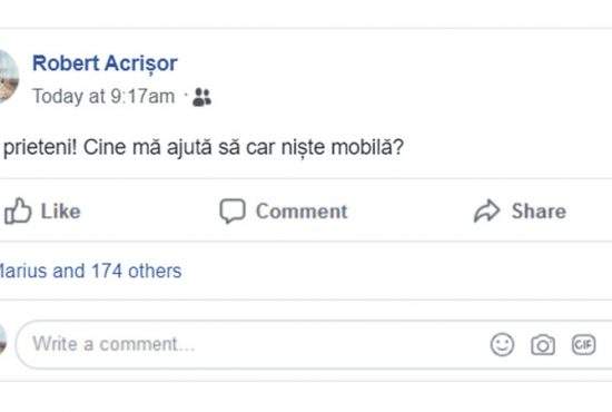 A rămas fără prieteni pe Facebook după o postare jignitoare: „Cine m-ajută să car mobila?“