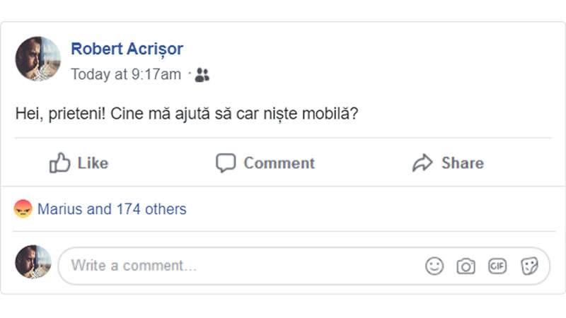 A rămas fără prieteni pe Facebook după o postare jignitoare: „Cine m-ajută să car mobila?“