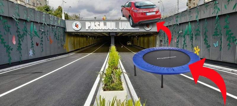 În fața Pasajului Unirii s-a montat o trambulină, ca să sari peste intersecție