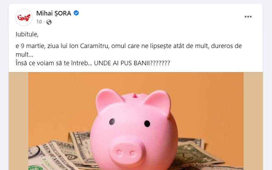 Postare sfâșietoare a soției lui Șora pe Facebook: „Iubitule, unde ai pus banii?“