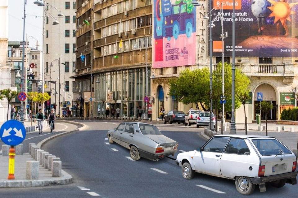 București ca-n povești! O Dacie 1300 a tractat un Oltcit pe Calea Victoriei