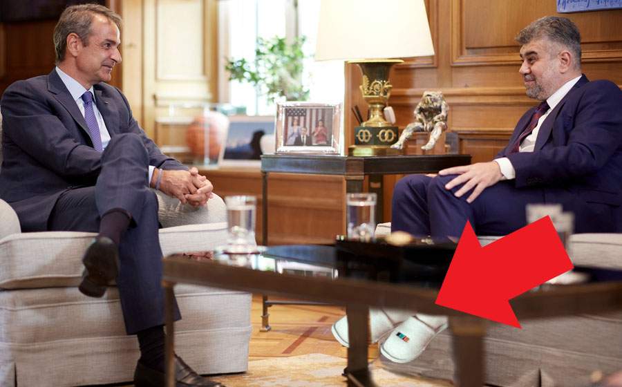Gest frumos! La întâlnirea cu premierul grec, Ciolacu a purtat papuci de la hotel din Thasos
