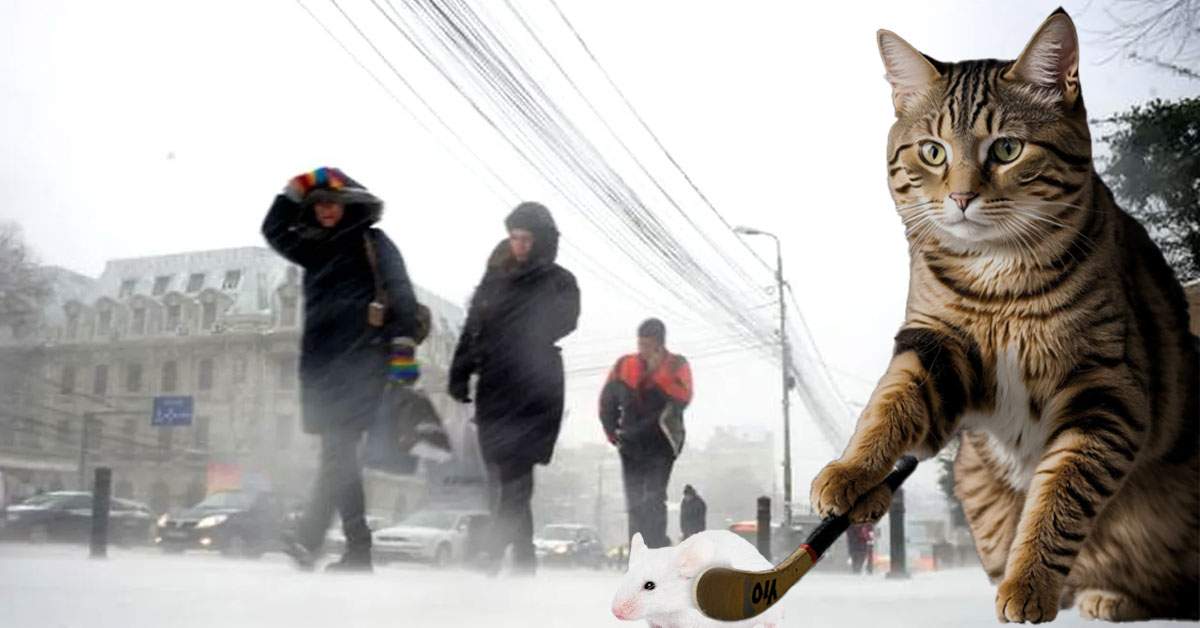 E atât de frig că două pisici au fost văzute jucând hochei cu un șoarece înghețat