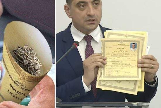 Simion a desfăcut cornetul din care mânca seminţe ca să arate că e făcut dintr-o diplomă