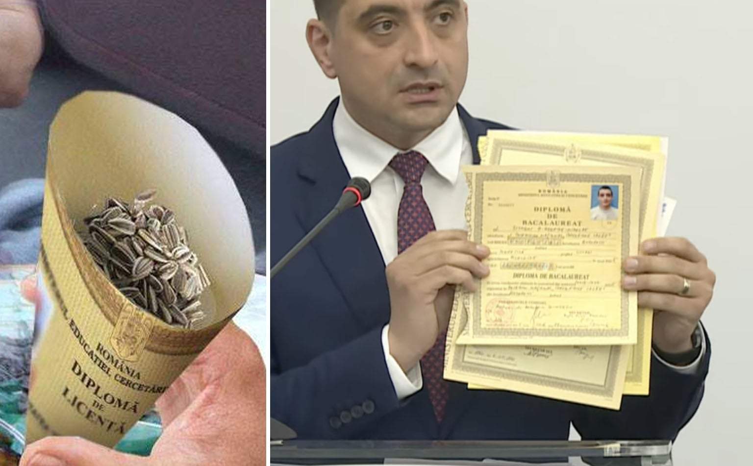 Simion a desfăcut cornetul din care mânca seminţe ca să arate că e făcut dintr-o diplomă