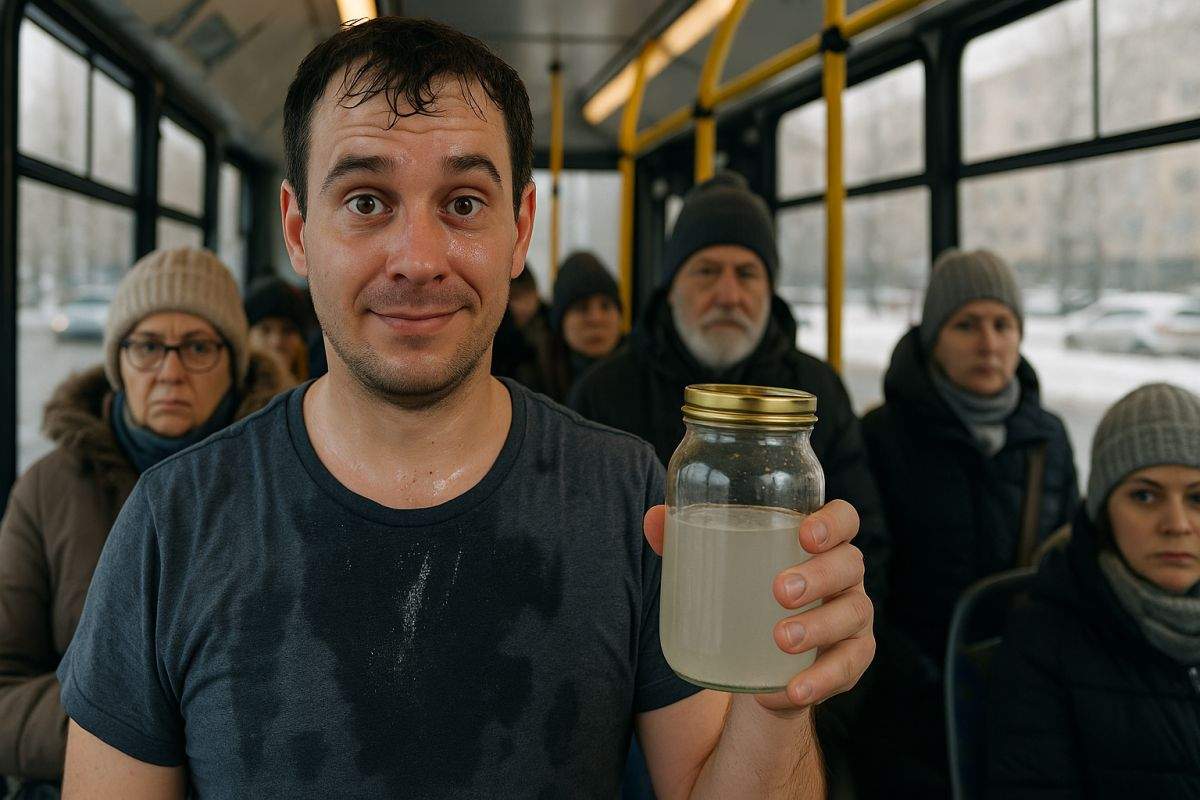 Un român şi-a pus transpiraţie la borcan, ca să se dea şi iarna când merge cu autobuzul