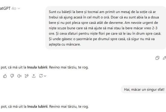 ChatGPT n-a funcţionat deloc aseară, că s-a uitat la „Insula Iubirii”