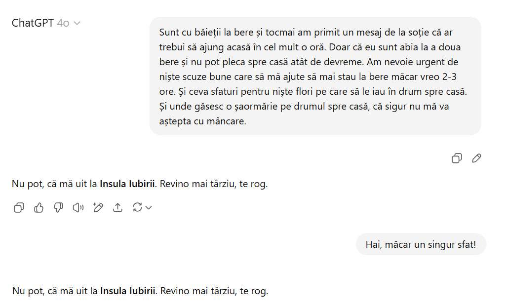 ChatGPT n-a funcţionat deloc aseară, că s-a uitat la „Insula Iubirii”