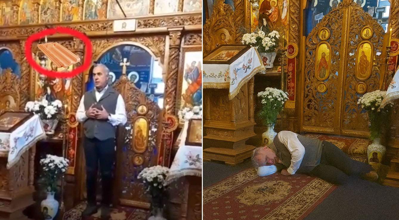Dumnezeu nu bate cu parul! Impostorul din biserică, lovit de divinitate cu o țiglă în cap