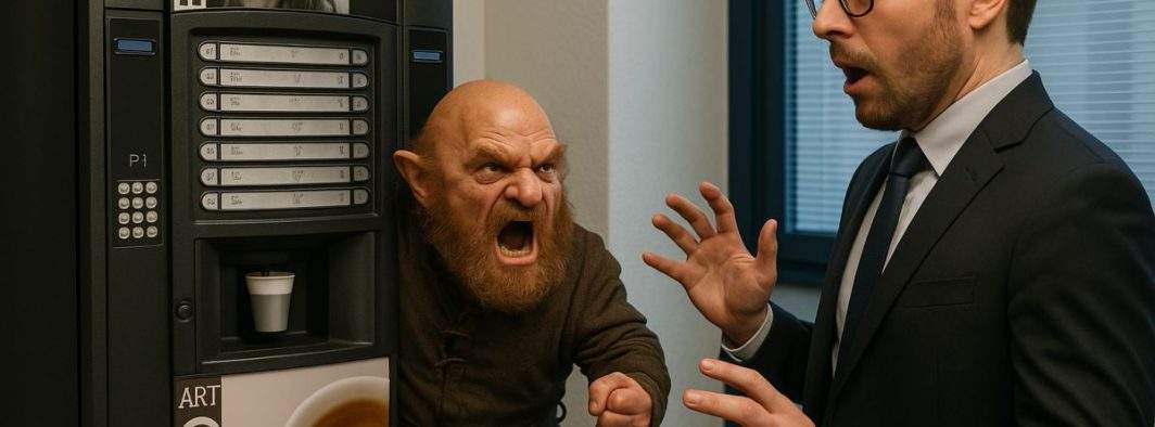 Corporatist care a dat cu piciorul în aparatul de cafea, atacat de piticul din interior