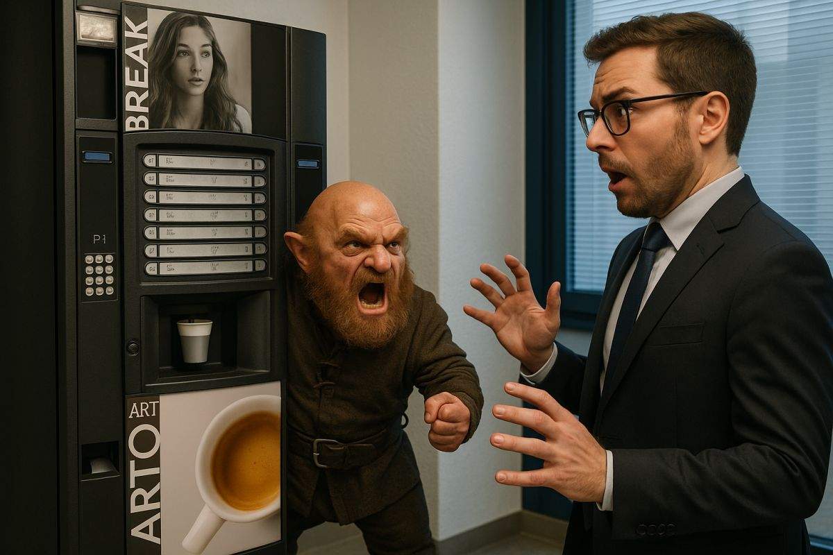 Corporatist care a dat cu piciorul în aparatul de cafea, atacat de piticul din interior