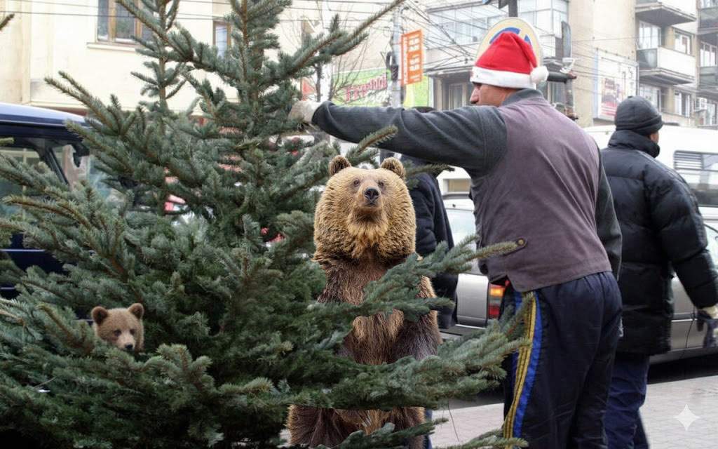 Urșii chiar s-au înmulțit! Un român a găsit doi urși în loc de unu în bradul cumpărat