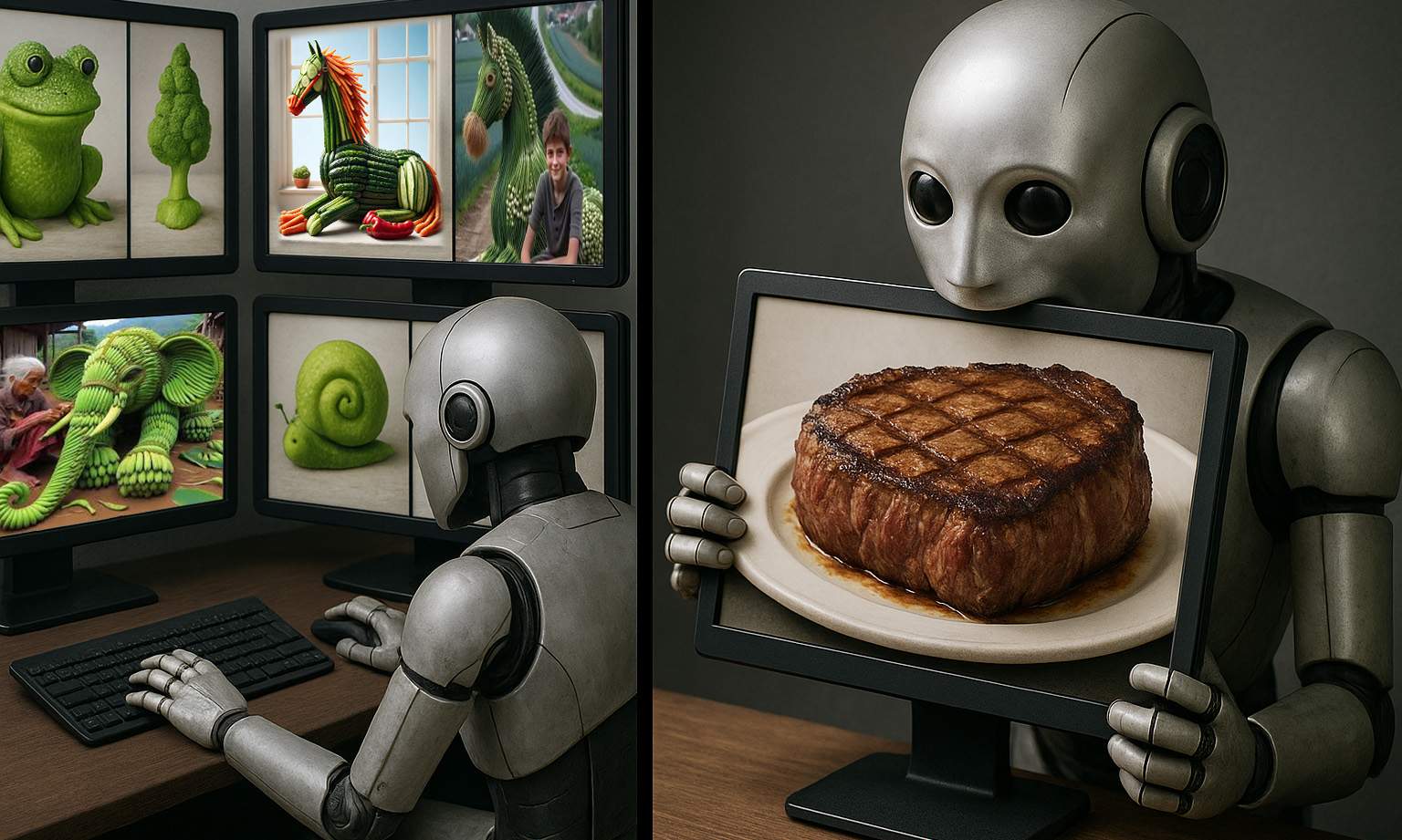 După o zi grea de generat sculpturi din legume, un AI a ajuns acasă şi şi-a generat o ceafă de porc