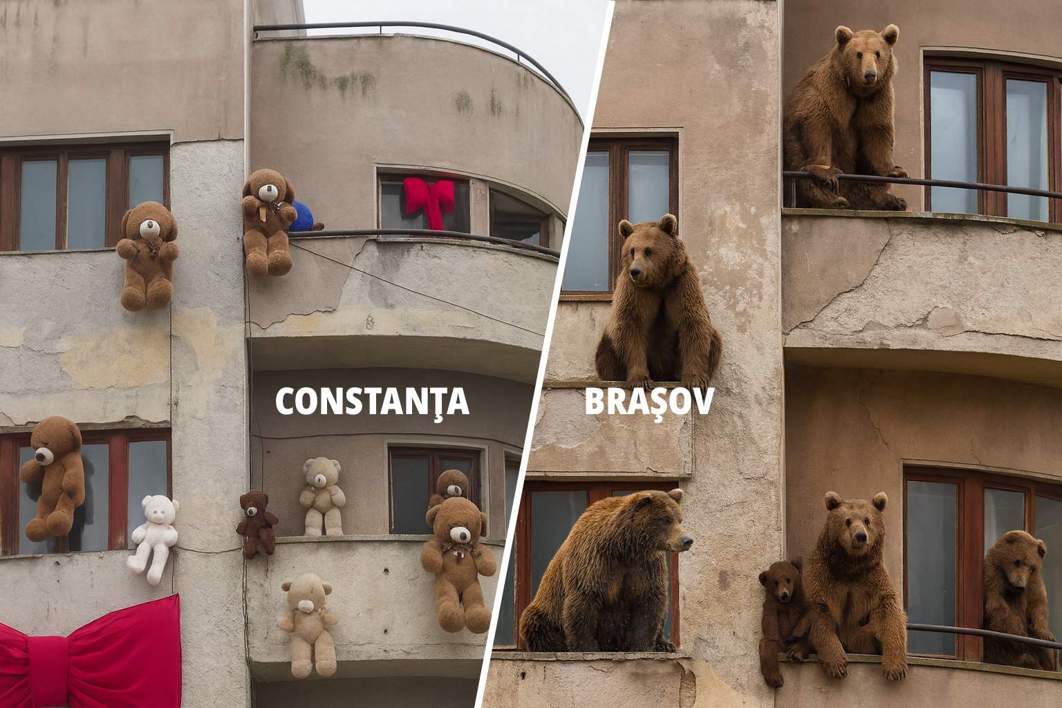 La o parte, Constanţa! Un bloc din Braşov e şi mai viral după ce l-au decorat cu urşi adevăraţi