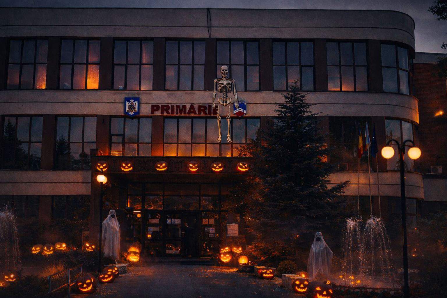 Edilul din Drăgășani, acuzat și că a agățat un schelet din cimitir pe primărie de Halloween