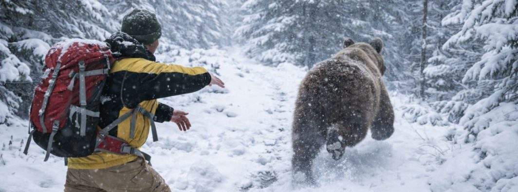 S-a întors roata! Urs fugărit de un turist care voia să se încălzească cu el